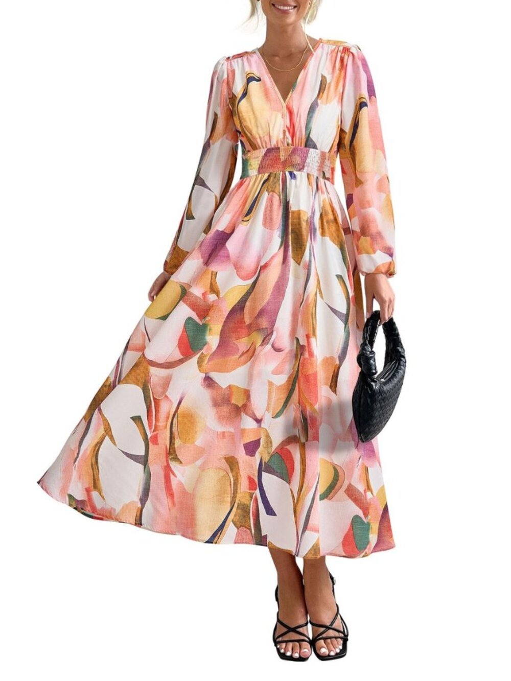 Women's Boho Floral Long Puff Sleeve V Neck Midi Dress